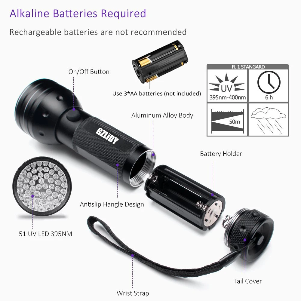 Uv Led Baterka 51 Led, 395nm Ultra Violet Pochodeň Svetla Lampy Blacklight Detektor pre Psa Moču Pet Škvrny a Bed Bug