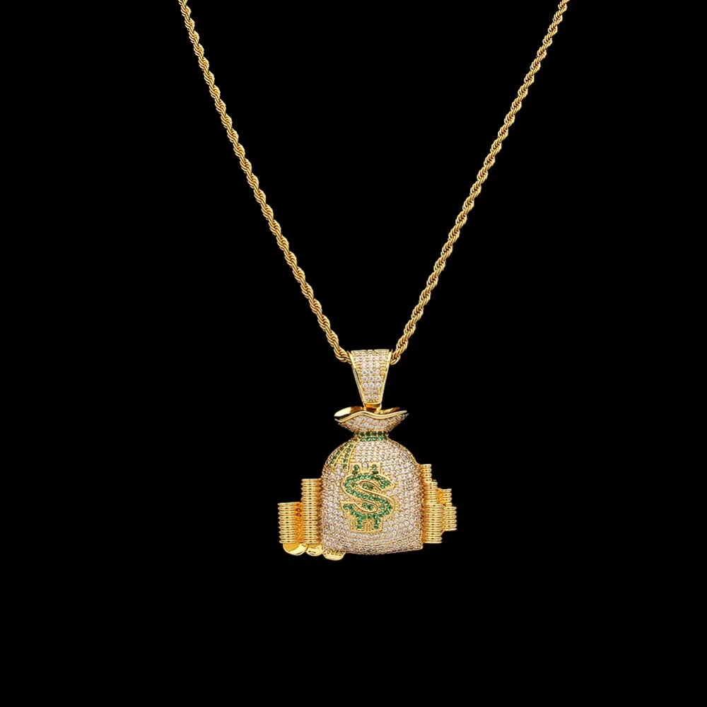 Uwin Luxusné Šperky Bohaté NÁM Peniaze Taška Mince Zásobník Náhrdelník& Reťaz Zlatá Farba Bling Ľadový Z CZ Kubických Zircona Prívesok Hiphop
