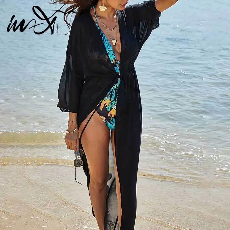 V-X Sexy Bikiny zakryť Ženy Prehrabať Plážové Šaty 2020 Plavky Šifón Plus Veľkosť plavky Dlhé Šaty Kimono Cardigan nové