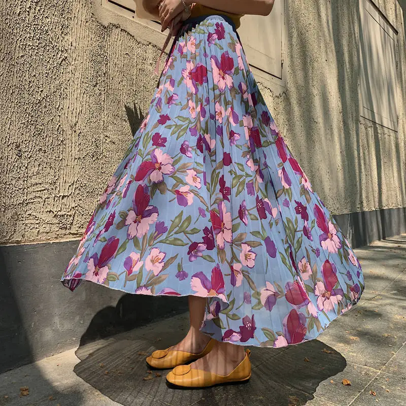 Vangull 2020 Lete Ženy Dlho Skladaný Sukne Vintage Kvetinový Printted Sukne S Vysokým Pásom Kvet Midi Sukne Kórejský Elegantné Sukne