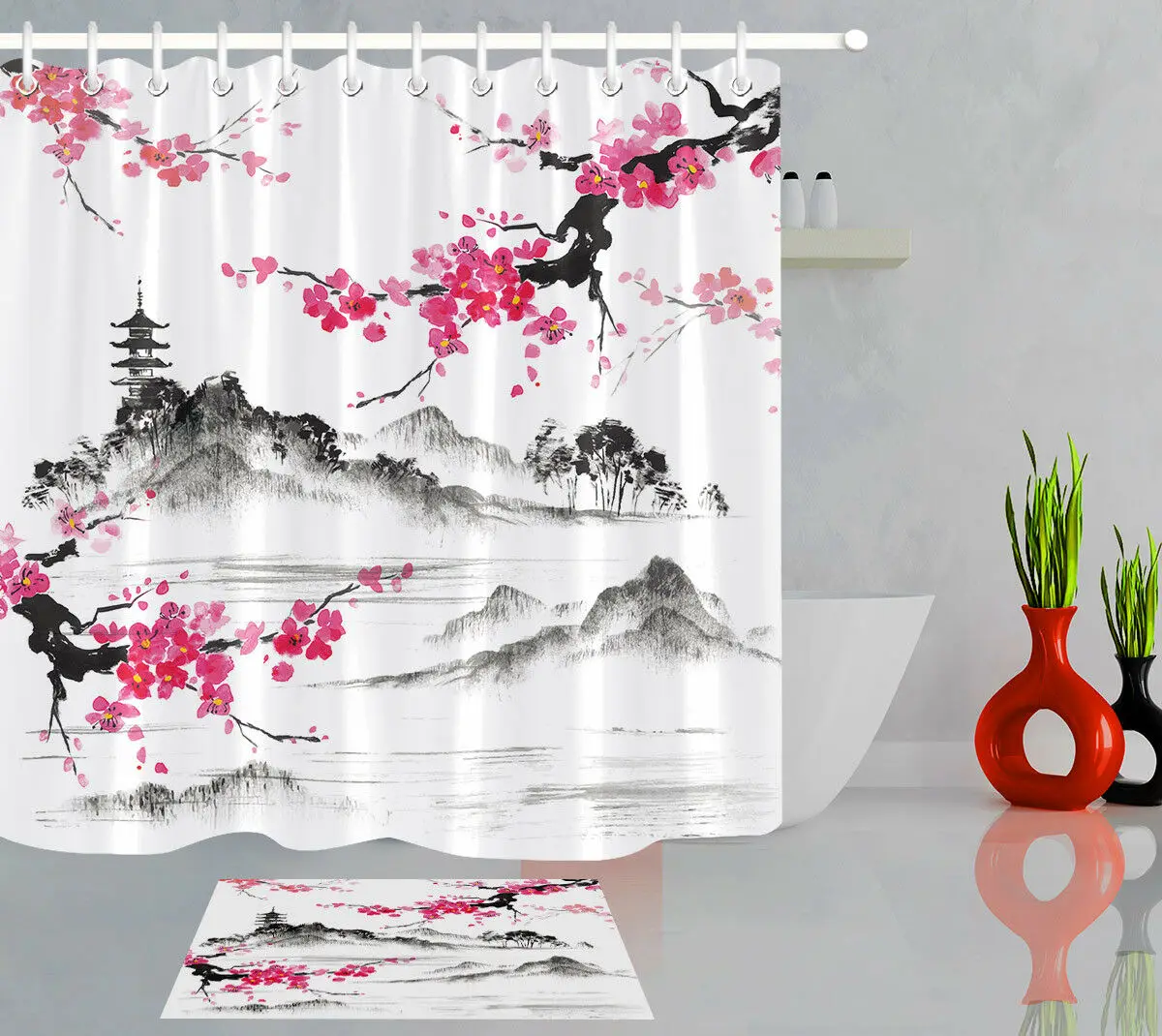 Vaňa Textílie Sprchový Záves Nastaviť Tradičnom Japonskom Štýle Sakura Hills
