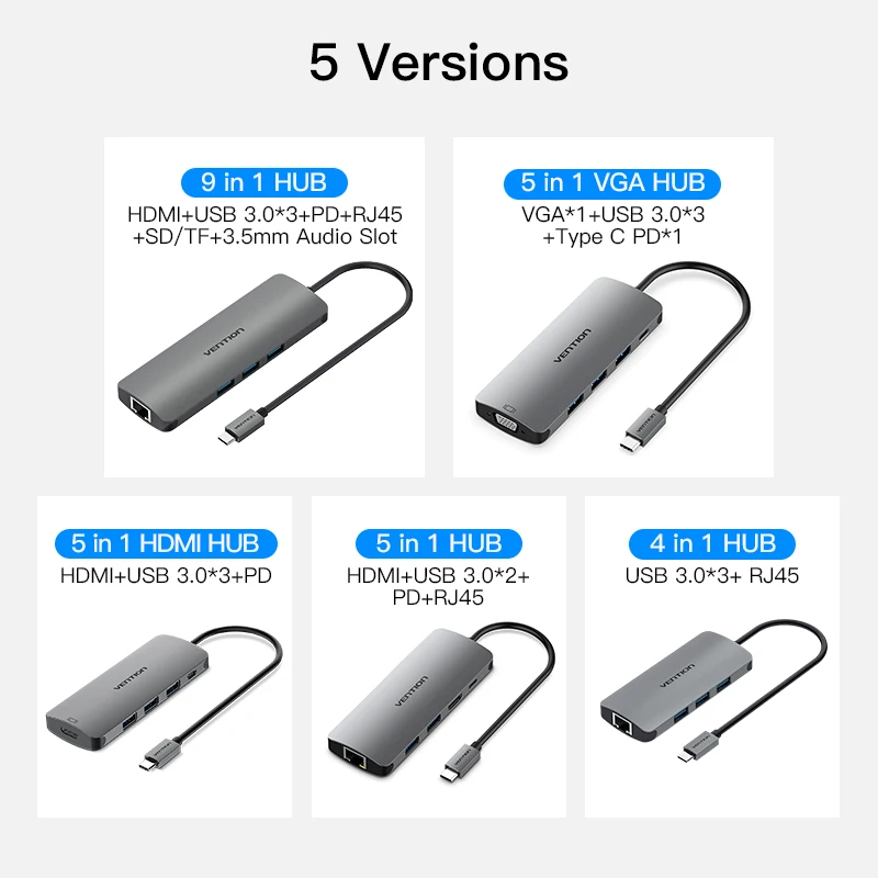 Vencie USB-C HUB Typ C ROZBOČOVAČ na USB 3.0 Thunderbolt 3 HDMI 3,5 mm Audio RJ45 Adaptér pre MacBook Pro Samsung Galaxy S9 USB C HUB