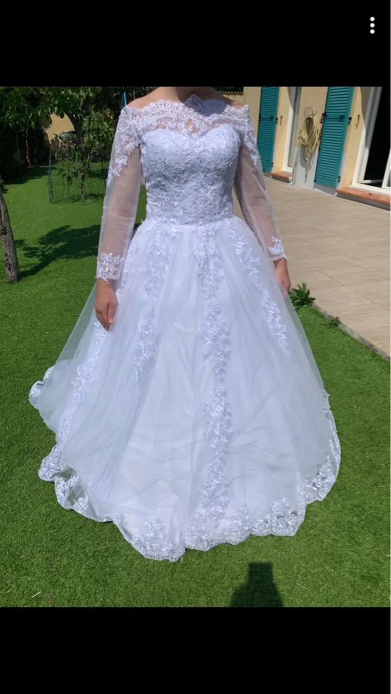 Vestido De Noiva Princezná Svadobné Šaty 2021 Záhrada Mimo Ramenný Úplnej Dlhý Rukáv Korálkové Arabčina Župan Mariage De Svadobné Šaty