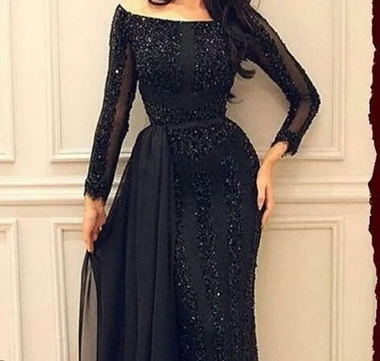 Veľkoobchod arabské Moslimské Večerné Šaty s Dlhým rukávom Lištovanie Black Formálne Prom Šaty na Zákazku Večer Party Šaty