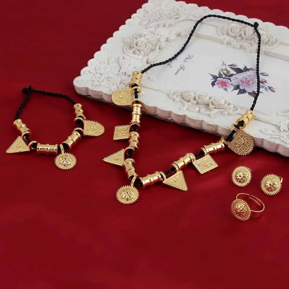 Veľkoobchod Eritrea Habesha Etiópskej sada Šperkov Náhrdelník Náramok Náušnice Krúžok 14 k Solid Gold GF Afrike Svadbu