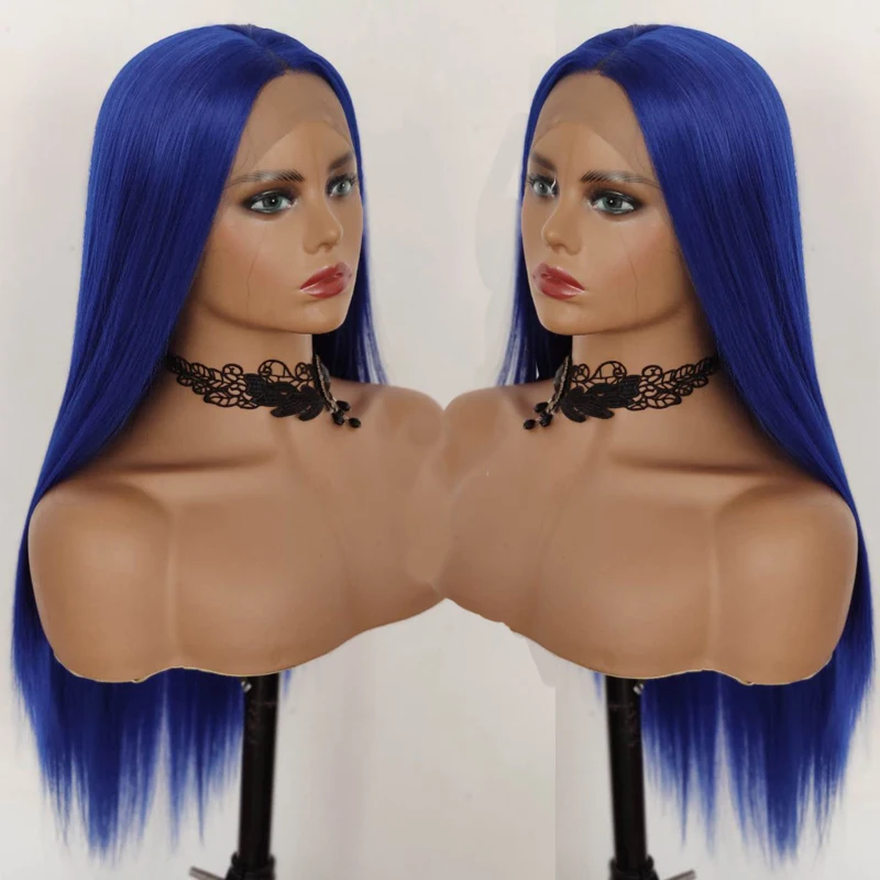Veľkoobchod Lacné Prírodné dlhé rovné Modrá Syntetické Vlasy Predné Čipky Parochne Cosplay Vlasy Syntetické Parochne