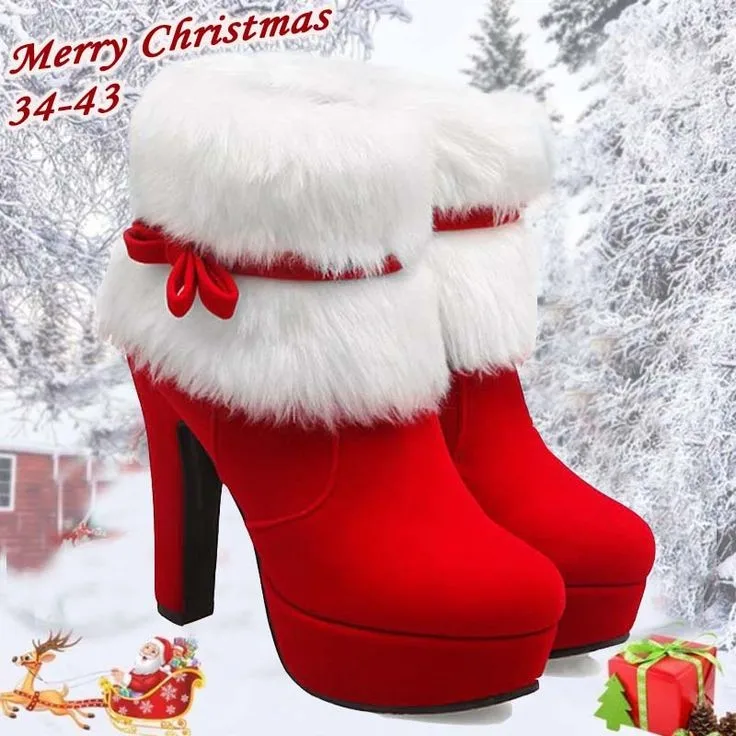 Veľká Veľkosť 34-43 Zimné Žena Členok Snowboots Vysoké Podpätky Vianoce V Teple Krátke Plyšové Červené Topánky Ženy Bowtie Zips Topánky Žena