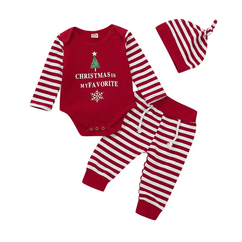 Vianočné Dieťa Dieťa, Chlapec, Dievča, Potápačské List Jumpsuit Topy Pruhované Nohavice, Klobúk Oblečenie Nastaviť Batoľa Bavlna Farby 0-18 M