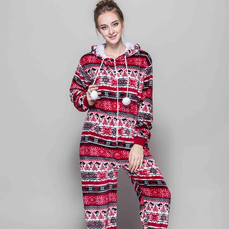 Vianočné Jeden kus Pyžamá pre Ženy Hooded Flannel Onesies Cartoon Unisex Zime Sneh Vzor Ružová Sleepwear Bežné oblečenie pre voľný čas