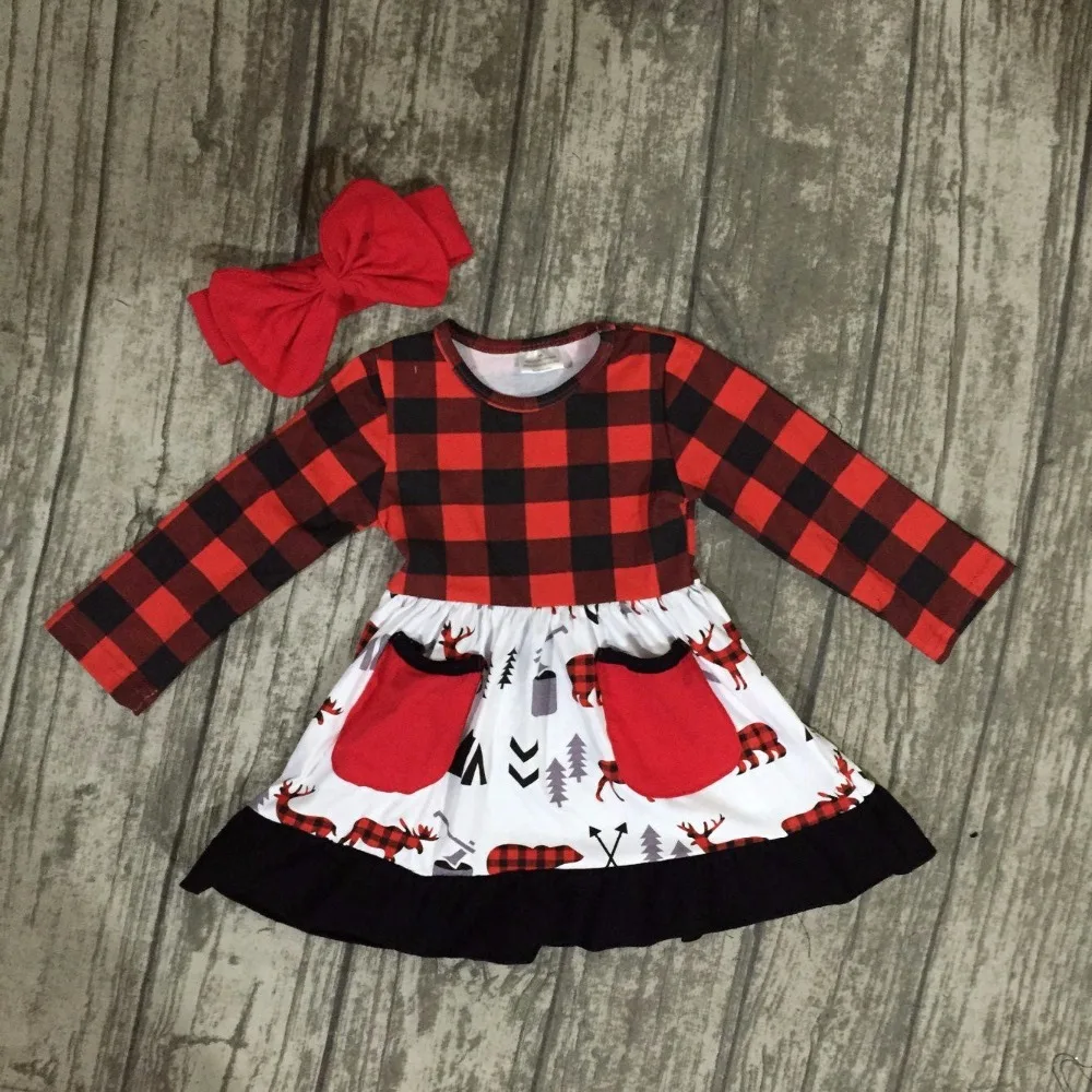 Vianočné jeseň/zima baby dievčatá oblečenie detí červený čierny kockovaný sobov moose vrecku bavlna prehrabať boutique šaty zápas luk