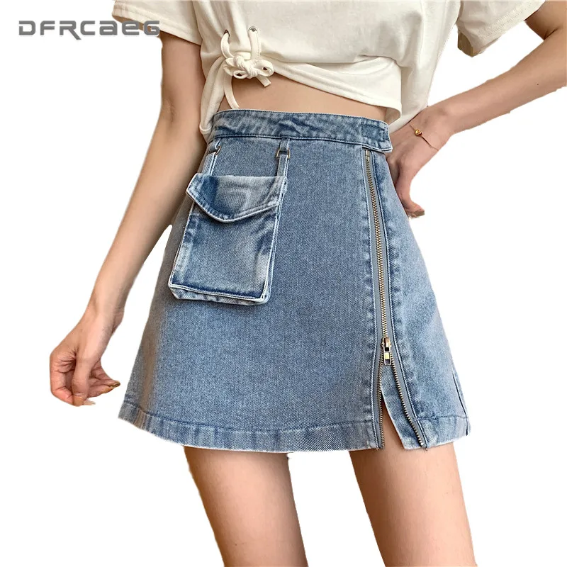 Vintage Blue Zips A-Line Mini Sukňa S Vreckami 2020 Lete Vysoký Pás Ženy Denim Sukne Streetwear Krátke Jupe Jean Femme