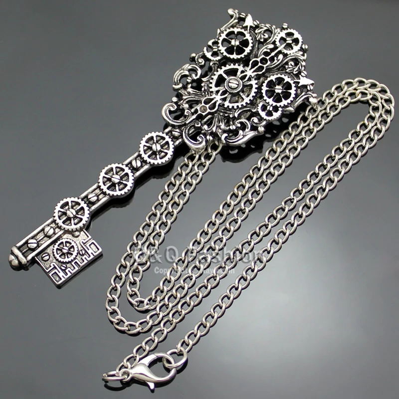 Vintage Strieborné Pozlátené Viktoriánskej Filigránske Skeleton Key Sledovať Hodiny, Prevodovky, Ozubené Steampunk Reťazca Náhrdelník Šperky