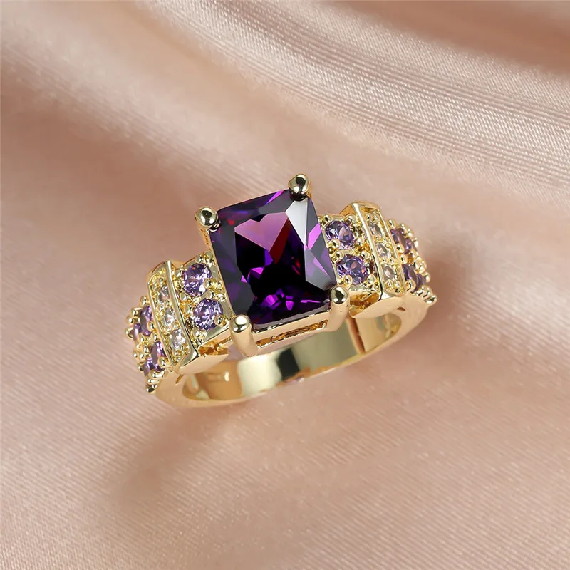 Vintage Žena Fialová Krištáľové Šperky Kúzlo Zlatá Farba Veľké Snubné Prstene Pre Ženy, Luxusné Štvorcový Zirkón Kameň Zásnubný Prsteň