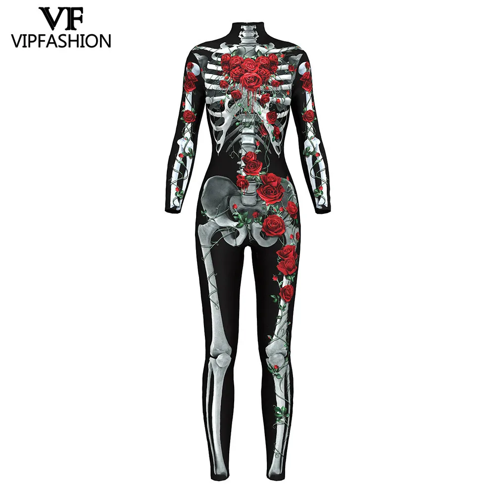 VIP MÓDNE 2019 Nové Produkty 3D Rose Kostra Tlač Remienky Halloween Kostýmy Pre Ženy Black Jumpsuit Strany Kombinézu