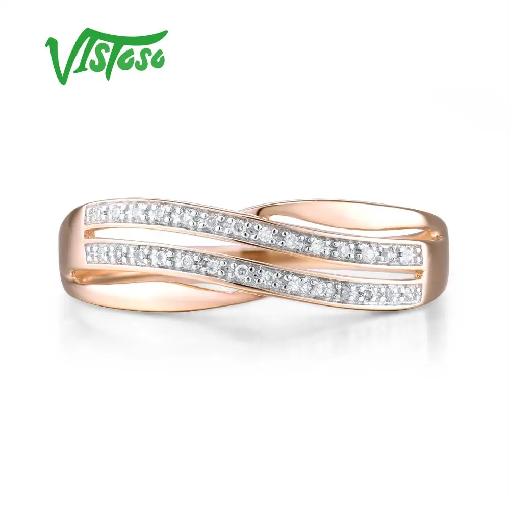 VISTOSO Skutočné 14K 585 Rose Gold Elegantné Prstene Pre Dámu Šumivé Diamantové Zásnubné Výročie Jednoduchý Štýl Večný Jemné Šperky