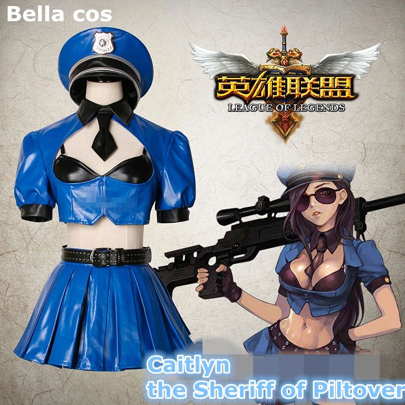 Vlastná veľkosť LOL Šerifa z Caitlyn cosplay kostým modrý PU šaty, topy, sukne jednotné Karneval, halloween Anime šaty, oblečenie