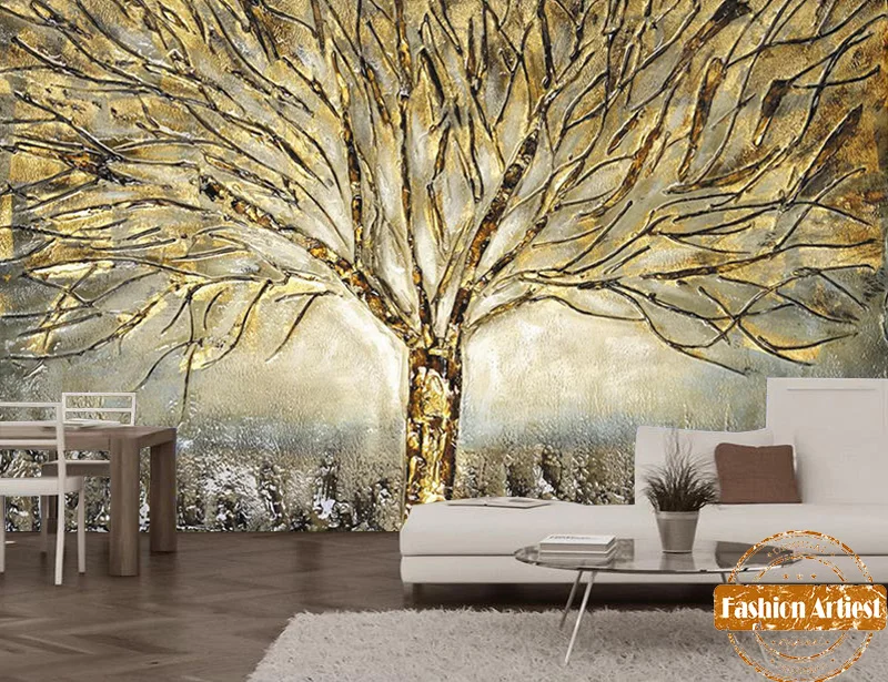 Vlastné 3d ťažké kovové tapety nástenná maľba plastický zlatý strom života maľovanie office gauč tv mens spálne, obývacia izba, reštaurácia, kaviareň