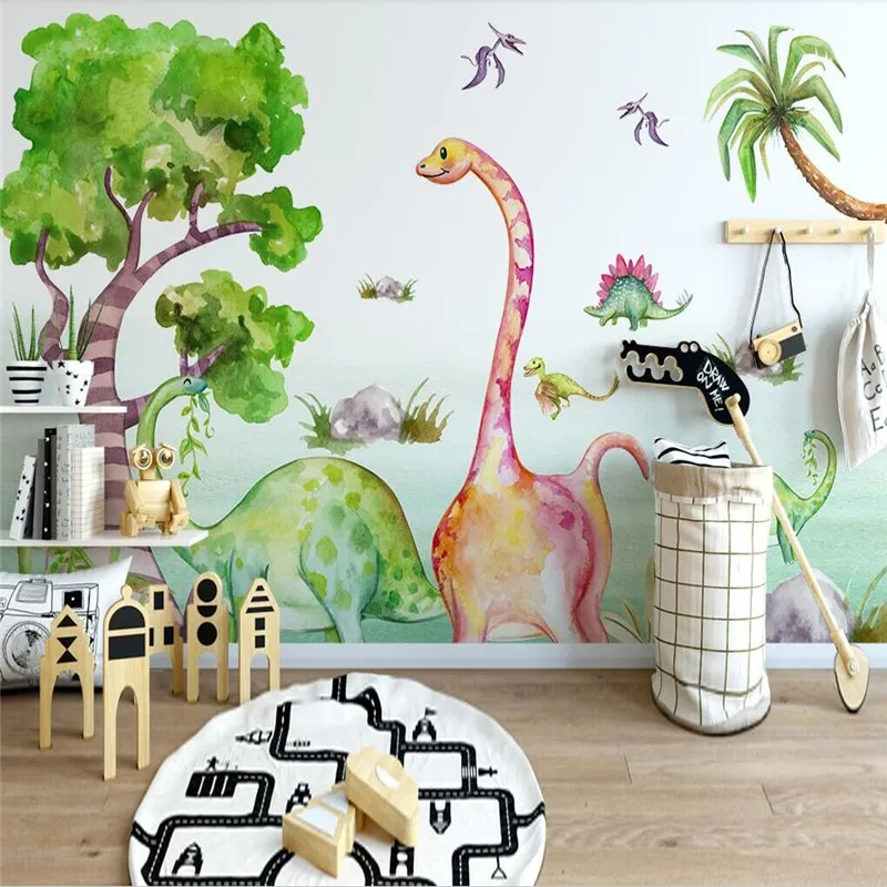 Vlastné Nástenné Tapety Jednoduché Ruka-Natiahnutý Cartoon Dinosaura Zvierat Tropického Stromu detskej Izby Pozadí Nástenné Maľby