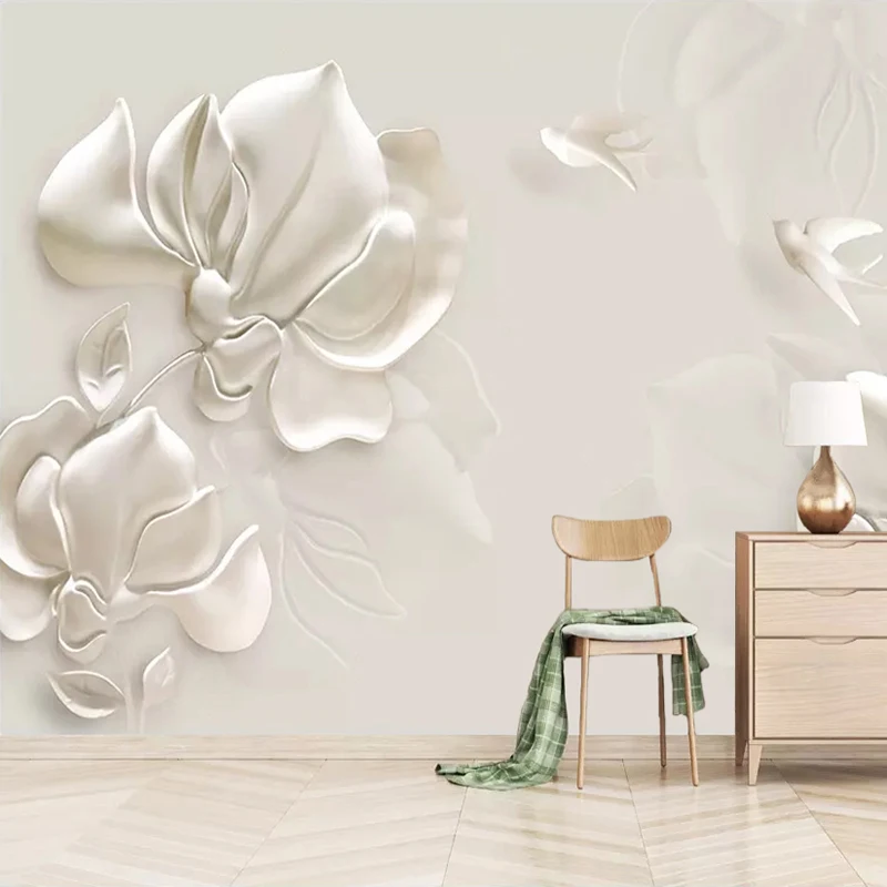 Vlastné nástennú maľbu, Tapety 3D Omietky Úľavu Magnolia Kvet, Vták Moderná Obývacia Izba, TV joj, Umenie, Nástenné Maľby Domova