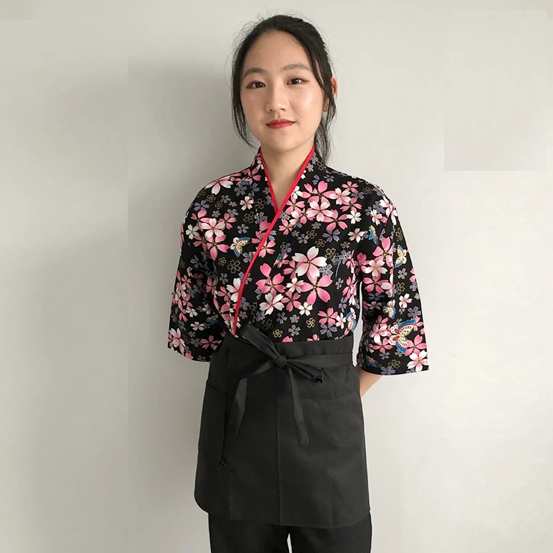 Vlastné Ženy Japonský Štýl Kuchár Jednotné Reštaurácia Kuchyňa Kimono Sushi Kvet Variť Uniformy Stredné Rukáv Servírka Oblečenie
