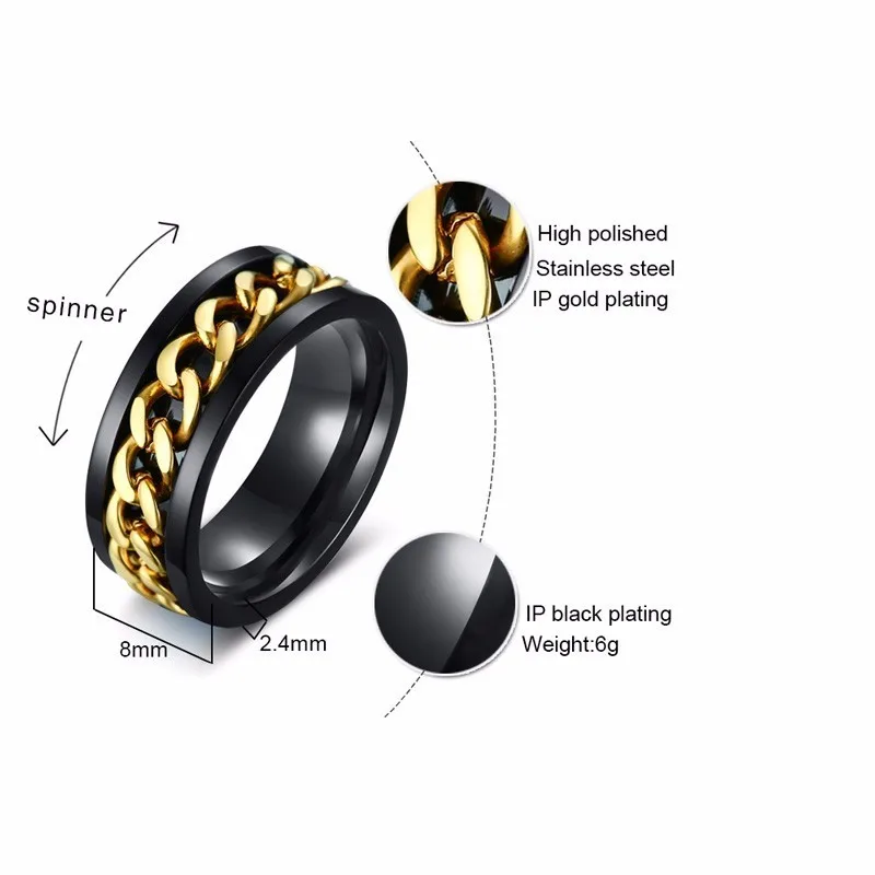 Vnox 8mm Spinner Reťazca Prstene pre Mužov, Ženy Štýlový Otočná Odkaz Čiernej Nerezovej Ocele Bežné Mužské Šperky Zmierniť Stres Anel