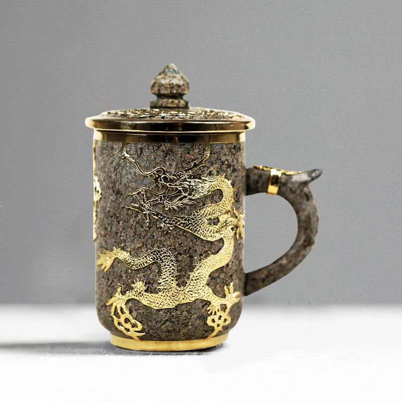Vnútorné Mongolsko Prírodného Kameňa Golden Dragon Teacup Pôvodné Zlato Vložkou Osobnosti Darček pre Domácnosť Hrnček 400 ML