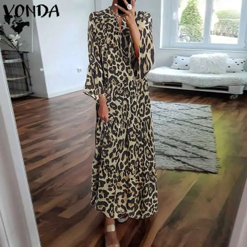 VONDA Letné Šaty 2021 Ženy Vintage 3/4 Rukáv Prehrabať Leopard Tlač Maxi Šaty Plus Veľkosť Sundress Príležitostné Voľné Vestidos S-5XL