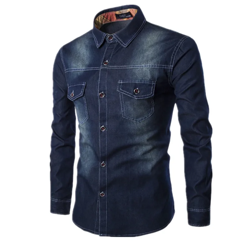 Vysoko kvalitné pánske Slim džínsové košele nové plus veľkosť M-6XL módne bežné umývanie modrá dlhým rukávom Nákladu džínsy, košele Košieľka Homme