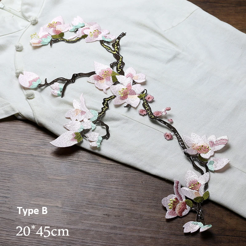 Vysoko Kvalitné Veľké Veľkosti 23 x 46 cm Kvetinové Výšivky Patch Pobočiek Magnolia Kvety Patch DIY Cheongsam Žehlička Na Oblečenie Patch