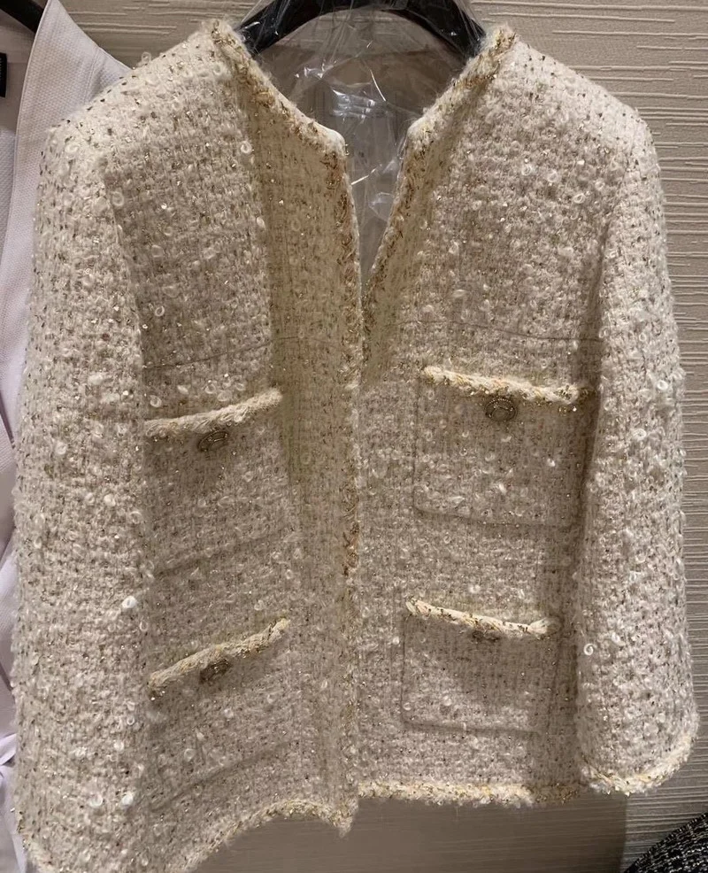 Vysoká kvalita 2020 jeseň zima ženy dizajnér tweed coats lurex tlačidlá vrecká vlna tweed kabát, bundy y734