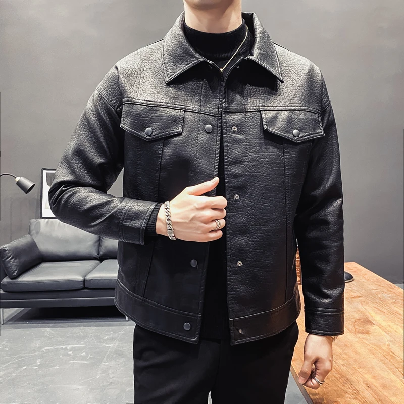Vysoká Kvalita Black PU Koža Motocykel Bunda Mužov Oblečenie 2020 Módne Zase Dole Golier Slim Fit Bežné Outwear Coats 3XL-M