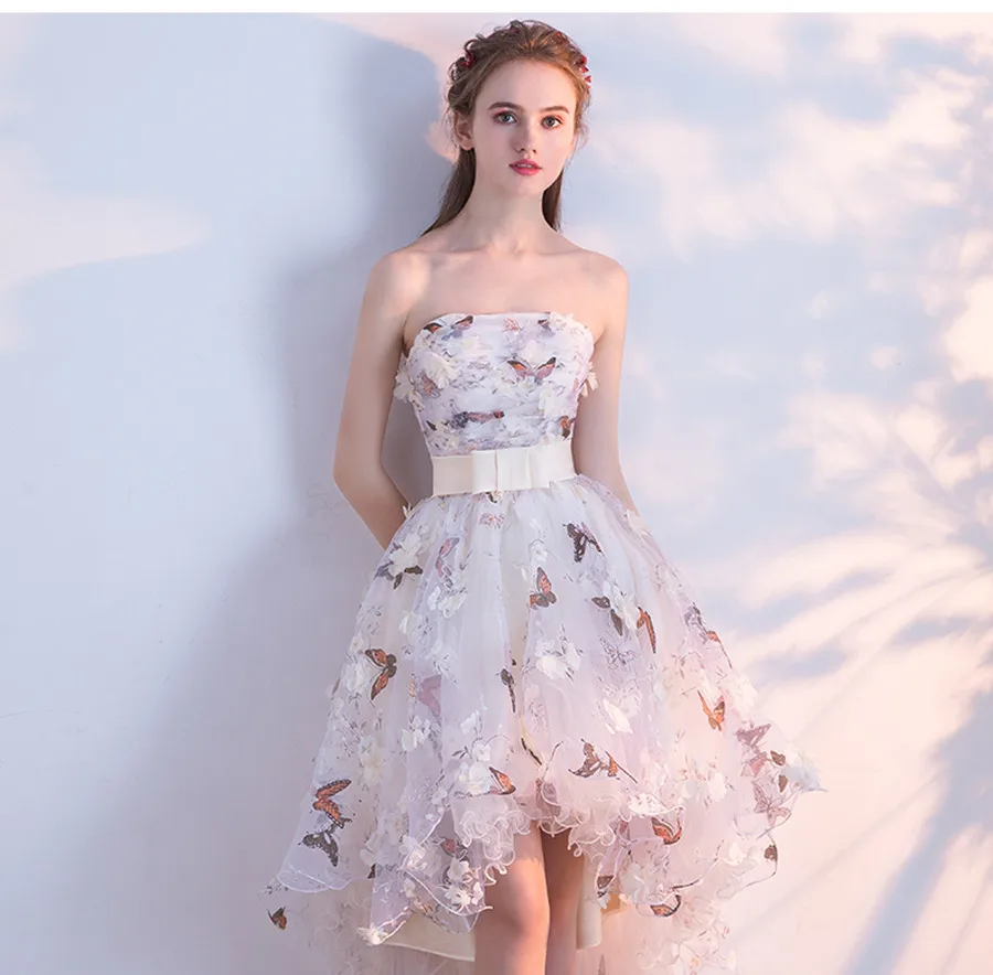 Vysoká Nízka Večerné Šaty Butterfly Tlač 3D Kvetinovým Kvet Formálne Prom Party Šaty s Pásom bez Ramienok Plus Veľkosť Oblečenie De Soiree
