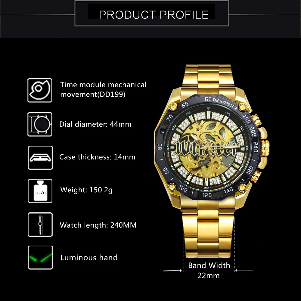 VÍŤAZ Zlatého Automatické Hodinky Mužov Diamond Ľadový Kostra Z Nerezovej Ocele, Remienok Mechanické Hodinky Značky Luxusné náramkové hodinky