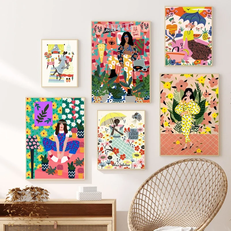 Wall Art Plátno Na Maľovanie Abstraktné Boho Žena Farebné Kvety Nordic Plagáty A Vytlačí Dievča Obrazov Na Stenu Pre Obývacia Izba Dekor