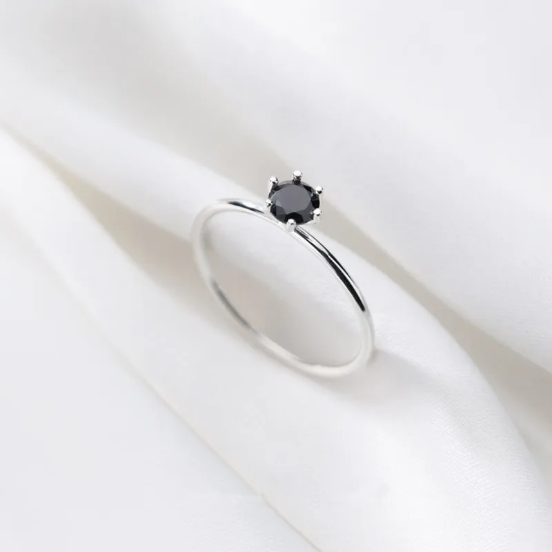 WANTME Reálne 925 Sterling Silver Minimalistický Geometrické Kolo Black Zirkón Prst Mini Krúžok pre Ženy kórejský Módne Šperky Darček