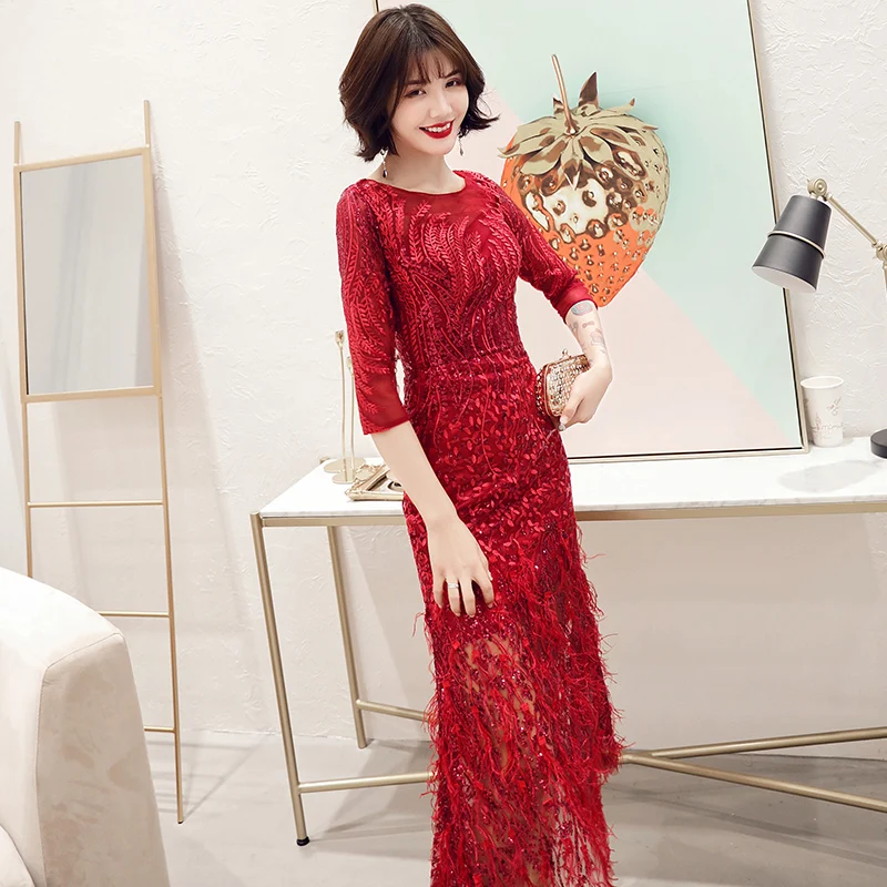 Wei jin Nový Štýl Čaj-dĺžka Víno Červené Večerné Šaty 2021 Perie Formálne Prom Šaty A-Line Módne Čierne Prom Šaty WY1675