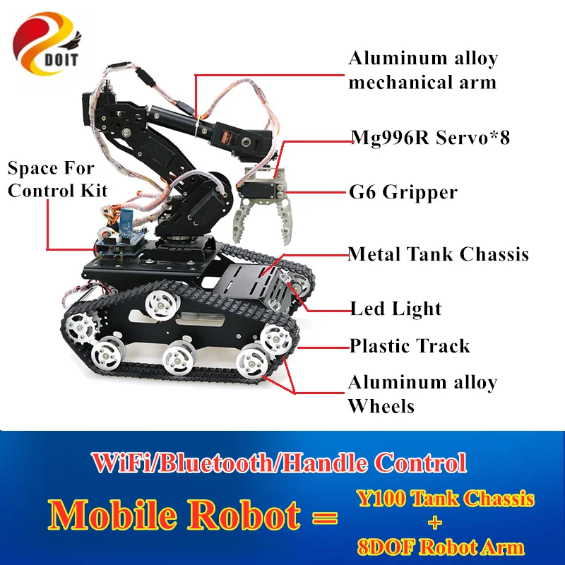 WiFi/Bluetooth/Rukoväť Ovládania Mobilné Robotické Rameno 8DOF Robotické Rameno S G6 Uchopovač A Y100 Kovové Nádrže Podvozku pre DIY RC Robot Auta