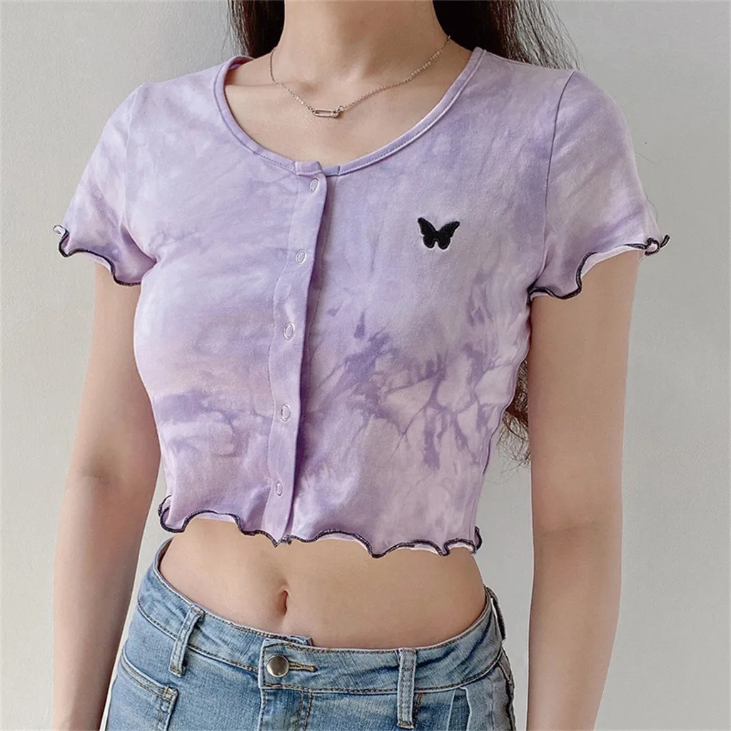 Womail ženy tričko letné Módy Bavlnené Tričko Butterfly Tlač Žena Streetwear Tesné Tričká Krátky Rukáv Bežné krátke Topy