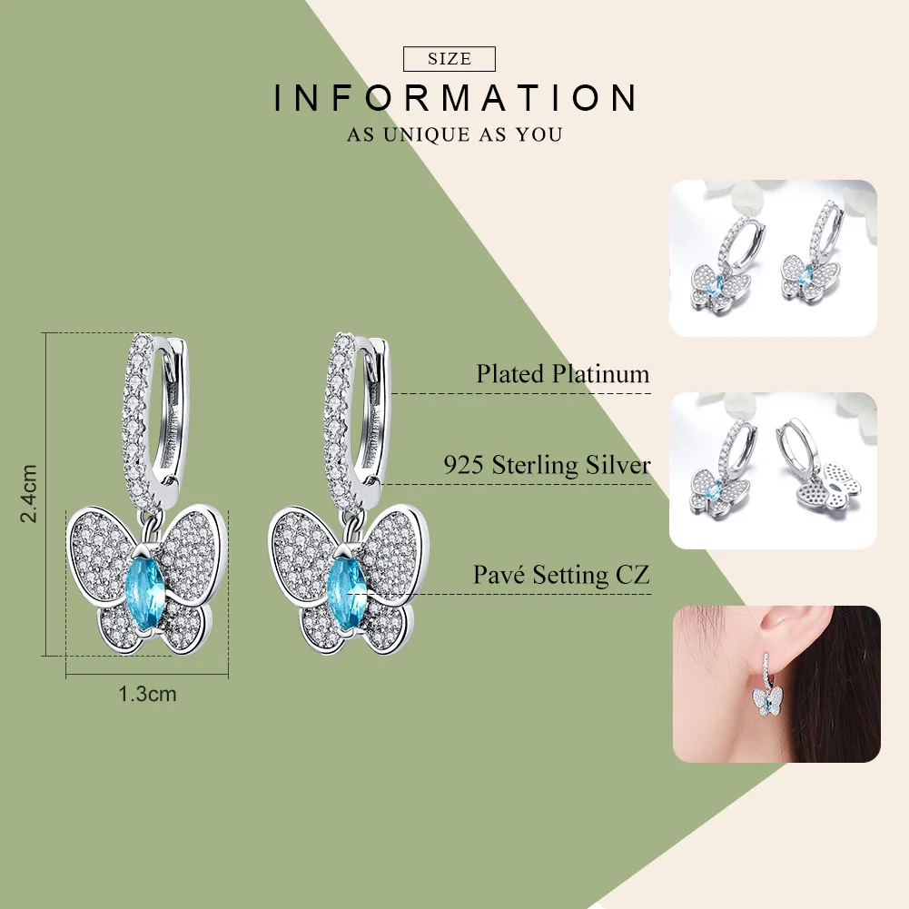 WOSTU 2019 Reálne 925 Sterling Silver Oslňujúci Modrý Motýľ Roztomilý Drop Náušnice Pre Ženy, Luxusné Strieborné Šperky Značky Darček CQE513
