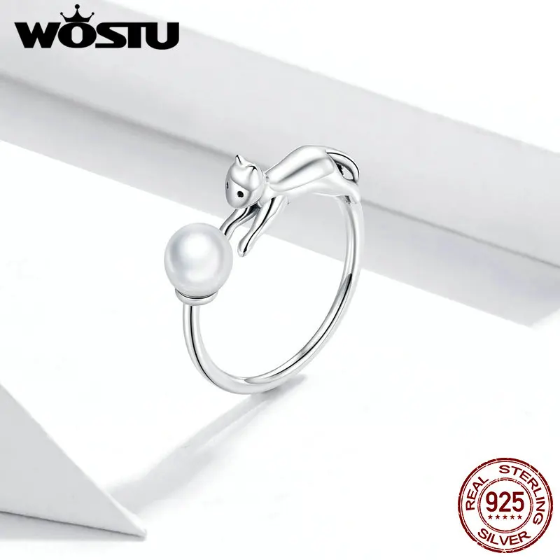 WOSTU 925 Sterling Silver Cute Cat Krúžok Shell Perličiek Nastaviteľná Veľkosť Prstene Pre Ženy Originálny Dizajn Prsty Šperky CQR683