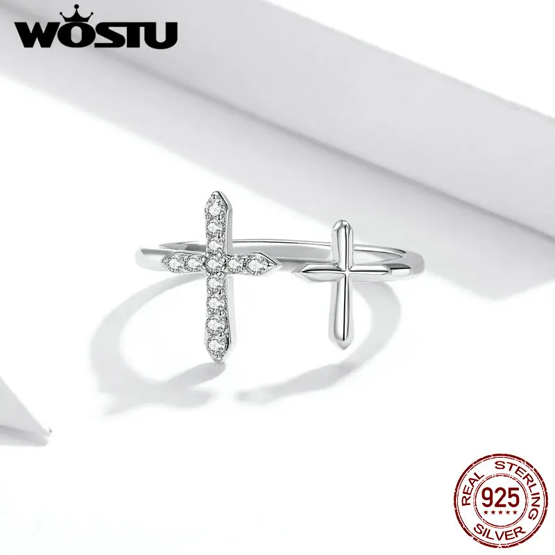 WOSTU Jednoduchý Kríž Krúžok 925 Sterling Silver Lesklé Zirkón Nastaviteľná Veľkosť Krúžky Prsty Pre Ženy Móda S925 Šperky CQR680