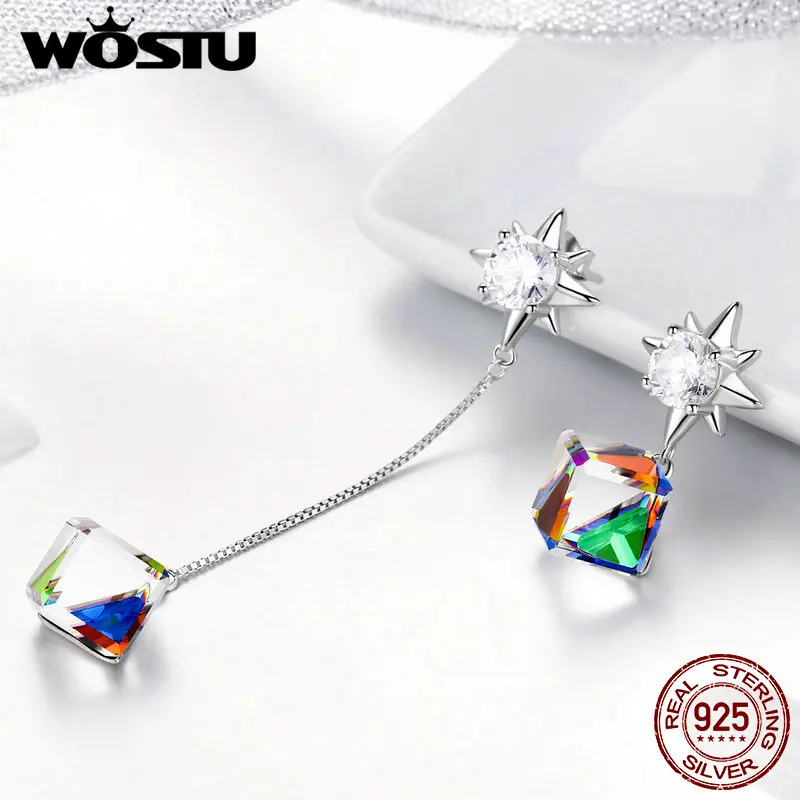 WOSTU kórejský Módne 925 Sterling Silver Žiarivý Kryštál Dlhé Náušnice Kvapka Pre Ženy, Svadobné Rainbow Luxusné Šperky CQE545