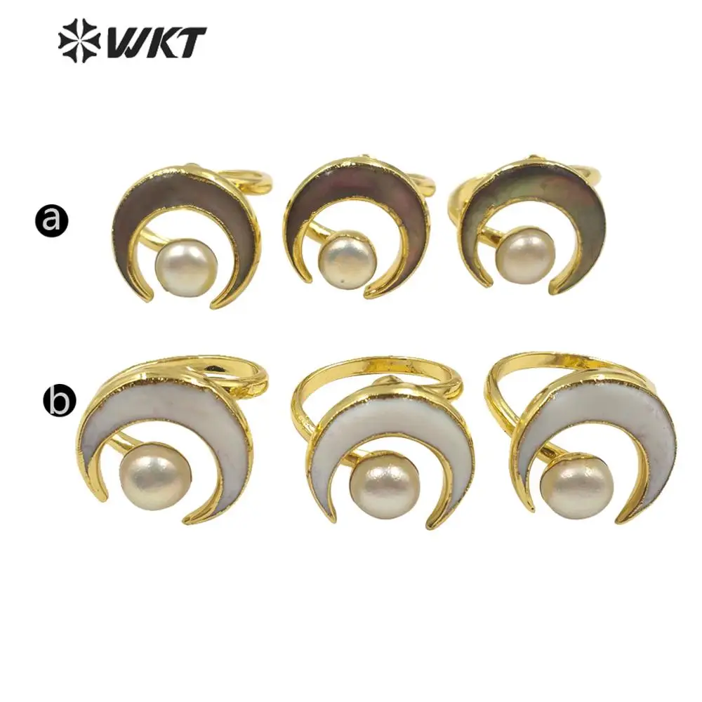 WT-R344 WKT Prírodné Perly Krúžok Shell Krúžok Mesiac Tvar Perly ＆ Shell Zlato elektrolyticky pokrývajú Krúžok Nastaviteľné Ženy Módne Šperky Krúžok