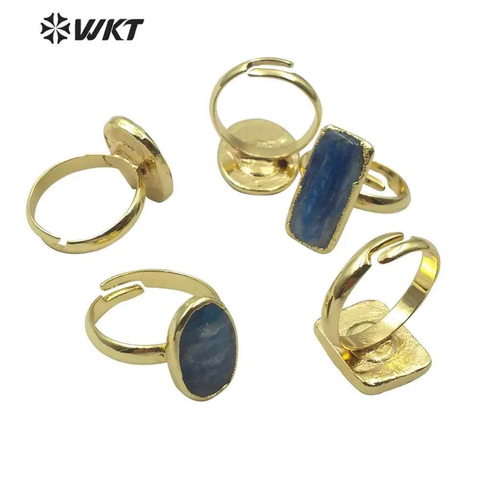 WT-R350 Prírodný kamenný kruh, kolo/štvorcový tvar modrej kyanite krúžok jedinečný dizajn s zlata elektrolyticky pokrývajú krúžok žena módne šperky