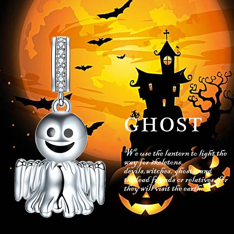 Xiaojing 925 Sterling Silver Roztomilý Ghost Prívesok Korálky Cz Kúzlo Fit Pandora Náramok pre Ženy Halloween Party Šperky Darček 2019