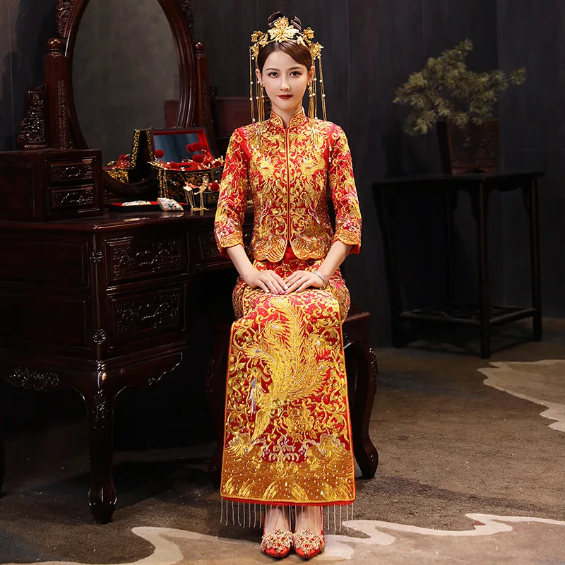XiuHe Vysokej kvality Red Čínske Svadobné Šaty Žena Cheongsam Zlato Slim Čínske Tradičné Šaty Žien Qipao pre Svadobné Party
