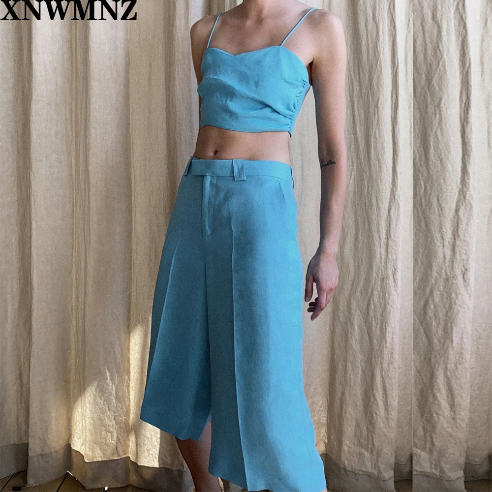 XNWMNZ 2020 ženy za mini Bermudy šortky vyrobené z bielizeň zmes Predné vrecká. Kovový zips a zapínanie vpredu