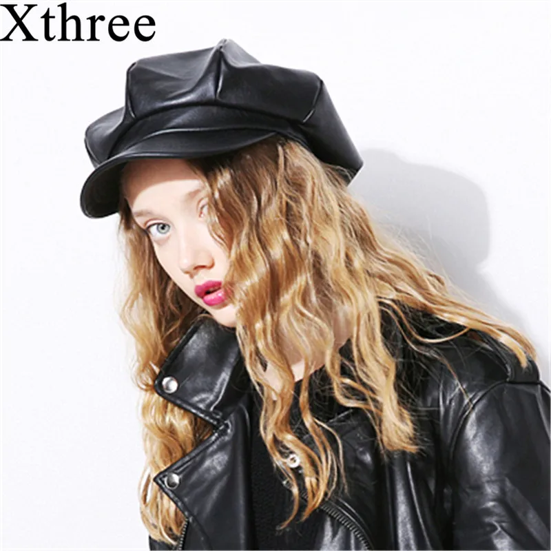 Xthree Jar auturn PU kožené dámske klobúk spp módne osemhranné klobúk s clonu dievča klobúk