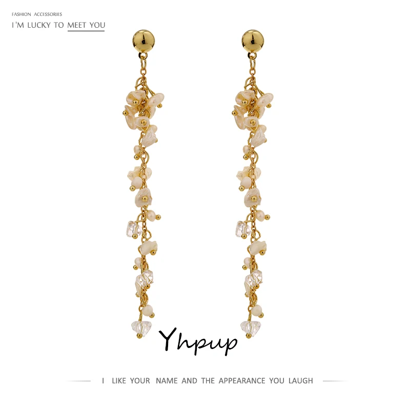 Yhpup Trendy Medi s Dlhým Reťazcom Visieť Náušnice Prírodné Perly Nádherné Náušnice Bijoux 16 K pre Ženy Strany dropshipping šperky