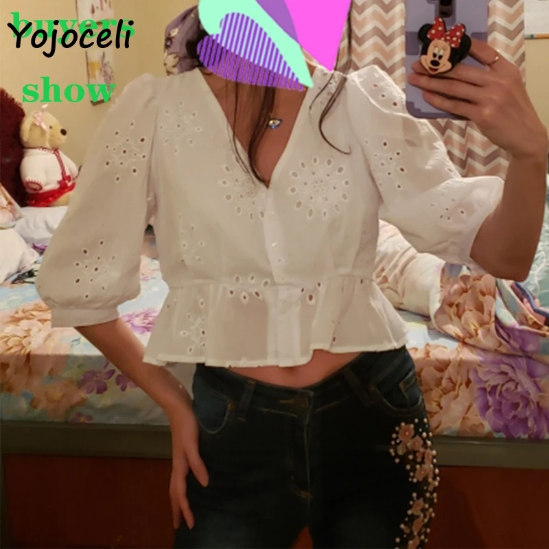 Yojoceli 2019 lete bavlna výšivky blúzky tričko ženy v krku tlačidlo duté sa blusas žena topy